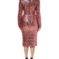 Dolce & Gabbana Pink Sequin Statement Nylon Midi V-Neck Dress