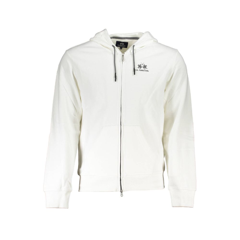 La Martina White Cotton Men Sweater with Hood and Zip Pockets Mens Sweater