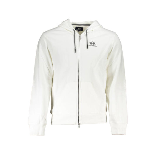 La Martina White Cotton Men Sweater with Hood and Zip Pockets Mens Sweater