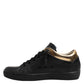 Leather Crown Black Gold Lace Up Low Top Women Sneakers Shoes