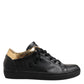 Leather Crown Black Gold Lace Up Low Top Women Sneakers Shoes