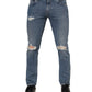Dolce & Gabbana Blue Cotton Tattered Skinny Logo Denim Jeans