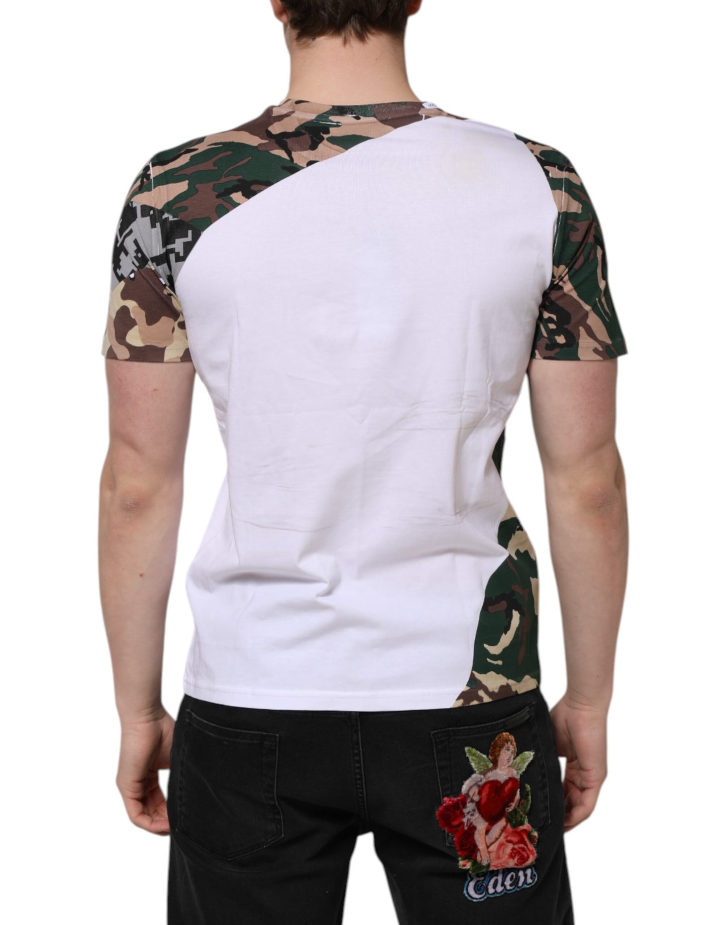Dolce & Gabbana White Camouflage Cotton Men Crew Neck T-shirt