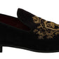 Dolce & Gabbana Elegant Black Loafers with Gold Crown Embroidery