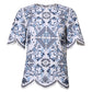 Dolce & Gabbana Blue Lace Eyelet Crew Neck Blouse Top