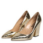 Sergio Rossi Gold Leather Pointed Toe Block Heels Shoes