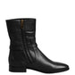 Dolce & Gabbana Black Leather Flats Logo Short Boots Shoes