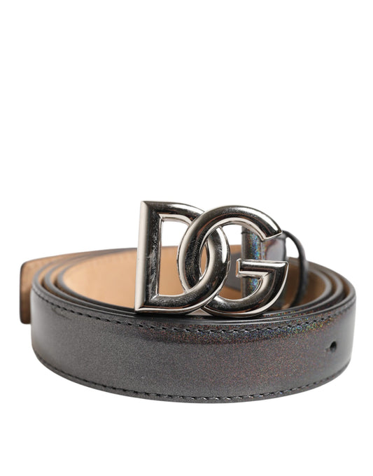 Dolce & Gabbana Metallic Leather Silver Tone Logo Buckle Belt Mens