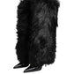 Dolce & Gabbana Black Faux Fur Pointed Knee High Stiletto Boots Shoes