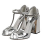 Dolce & Gabbana Silver Leather T-strap Heels Sandals Shoes