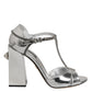 Dolce & Gabbana Silver Leather T-strap Heels Sandals Shoes