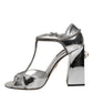 Dolce & Gabbana Silver Leather T-strap Heels Sandals Shoes