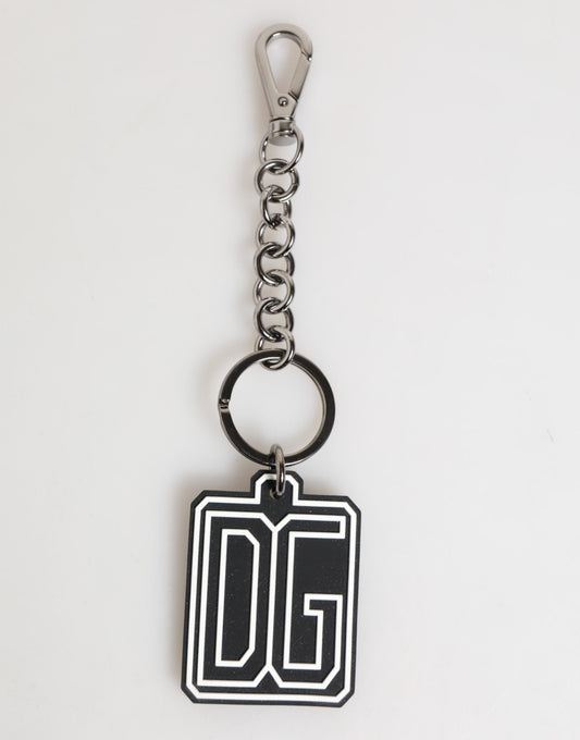 Dolce & Gabbana Black White DG Rubber Logo Silver Men Keychain Keyring Mens