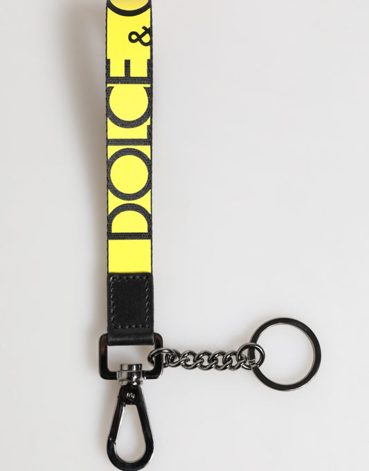 Dolce & Gabbana Yellow Logo Nylon Silver Brass Holder Keychain Keyring Mens