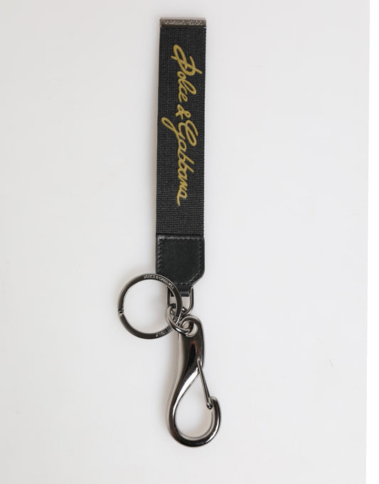 Dolce & Gabbana Black Yellow Polyester DG Logo Silver Keychain Keyring Mens