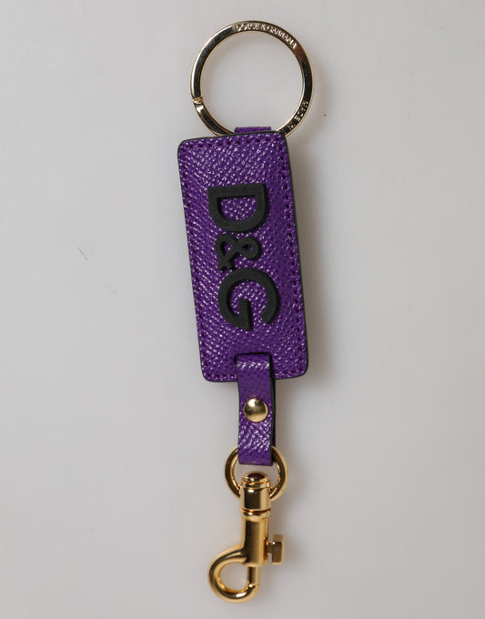 Dolce & Gabbana Purple DG Logo Leather Gold Tone Metal Keyring Keychain Mens