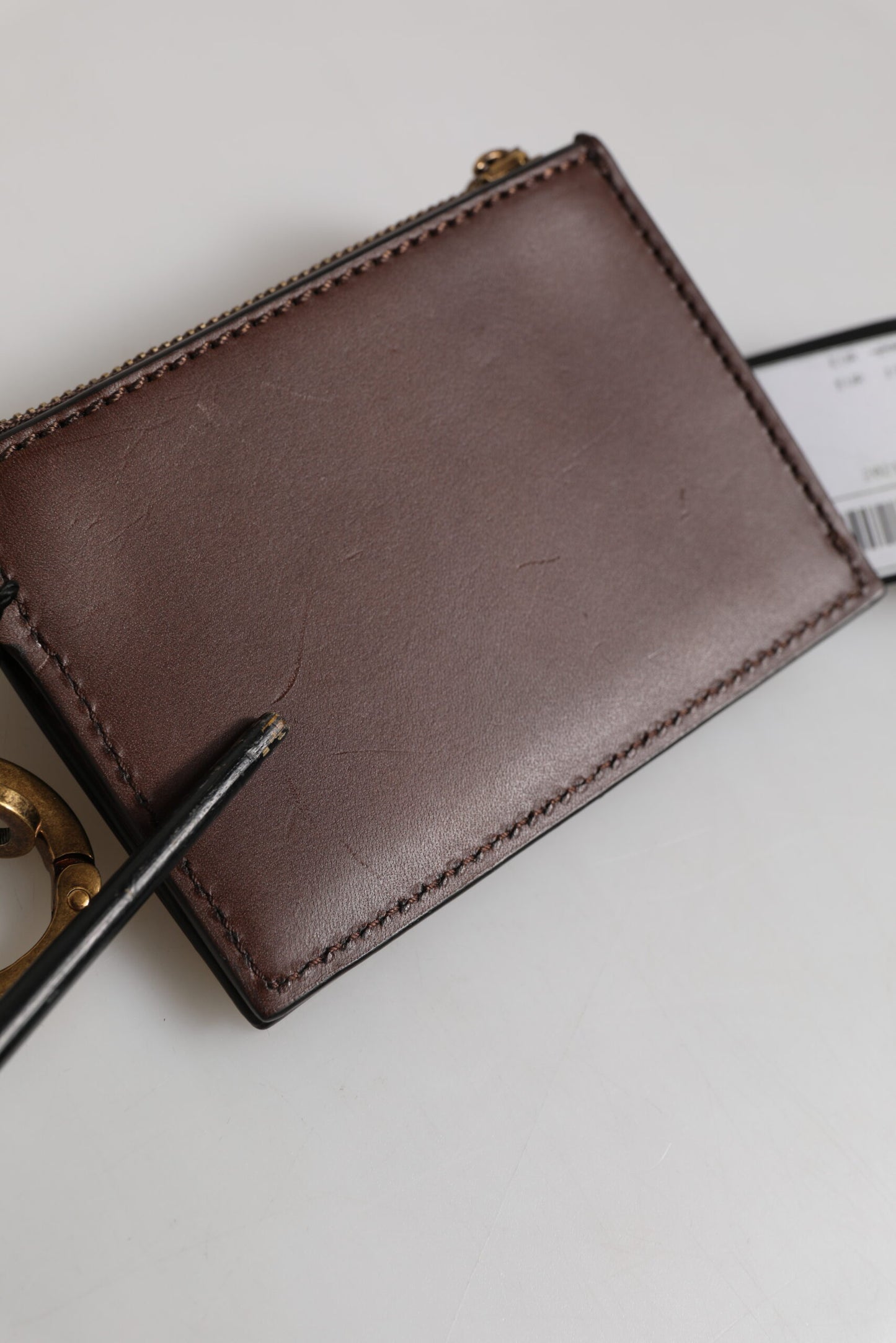 Dolce & Gabbana Brown Calf Leather Zip Logo Keyring Coin Purse Men Wallet Mens Wallet