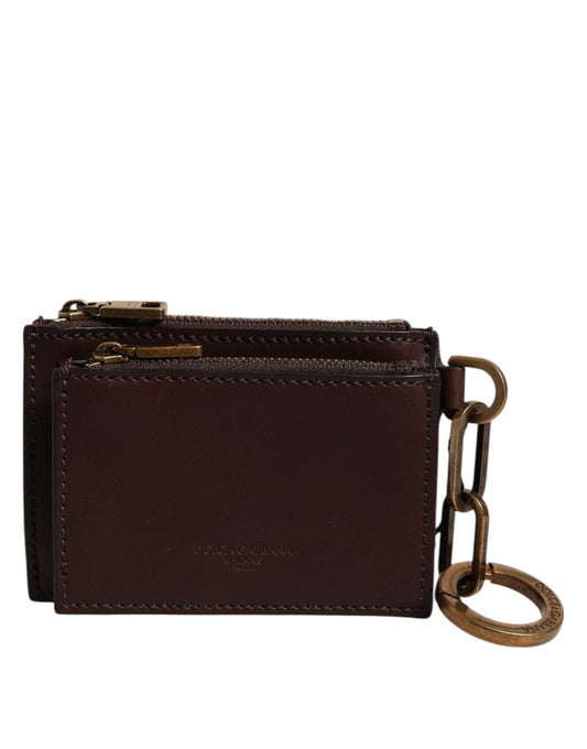 Dolce & Gabbana Brown Calf Leather Zip Logo Keyring Coin Purse Men Wallet Mens Wallet