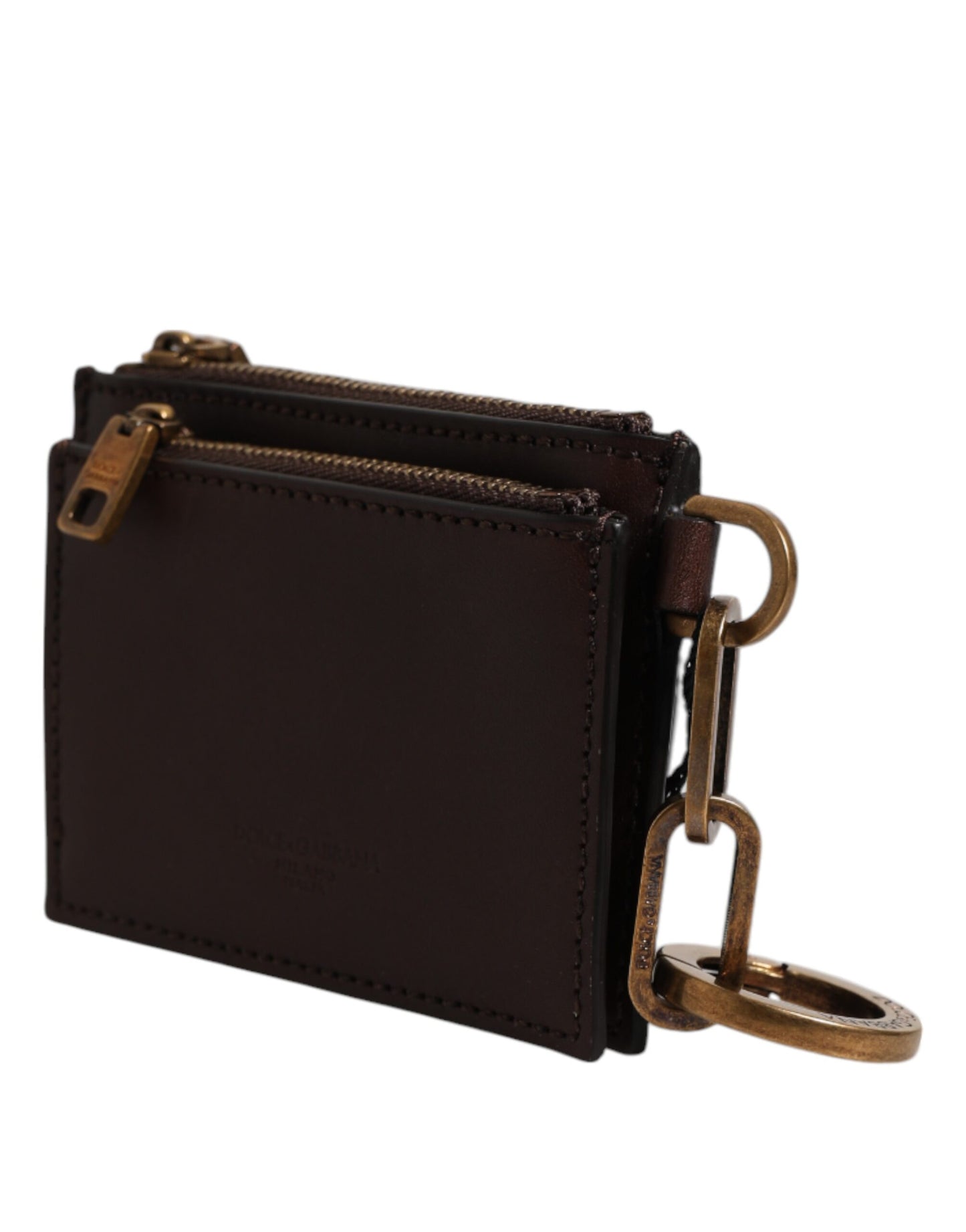 Dolce & Gabbana Brown Calf Leather Zip Logo Keyring Coin Purse Men Wallet Mens Wallet