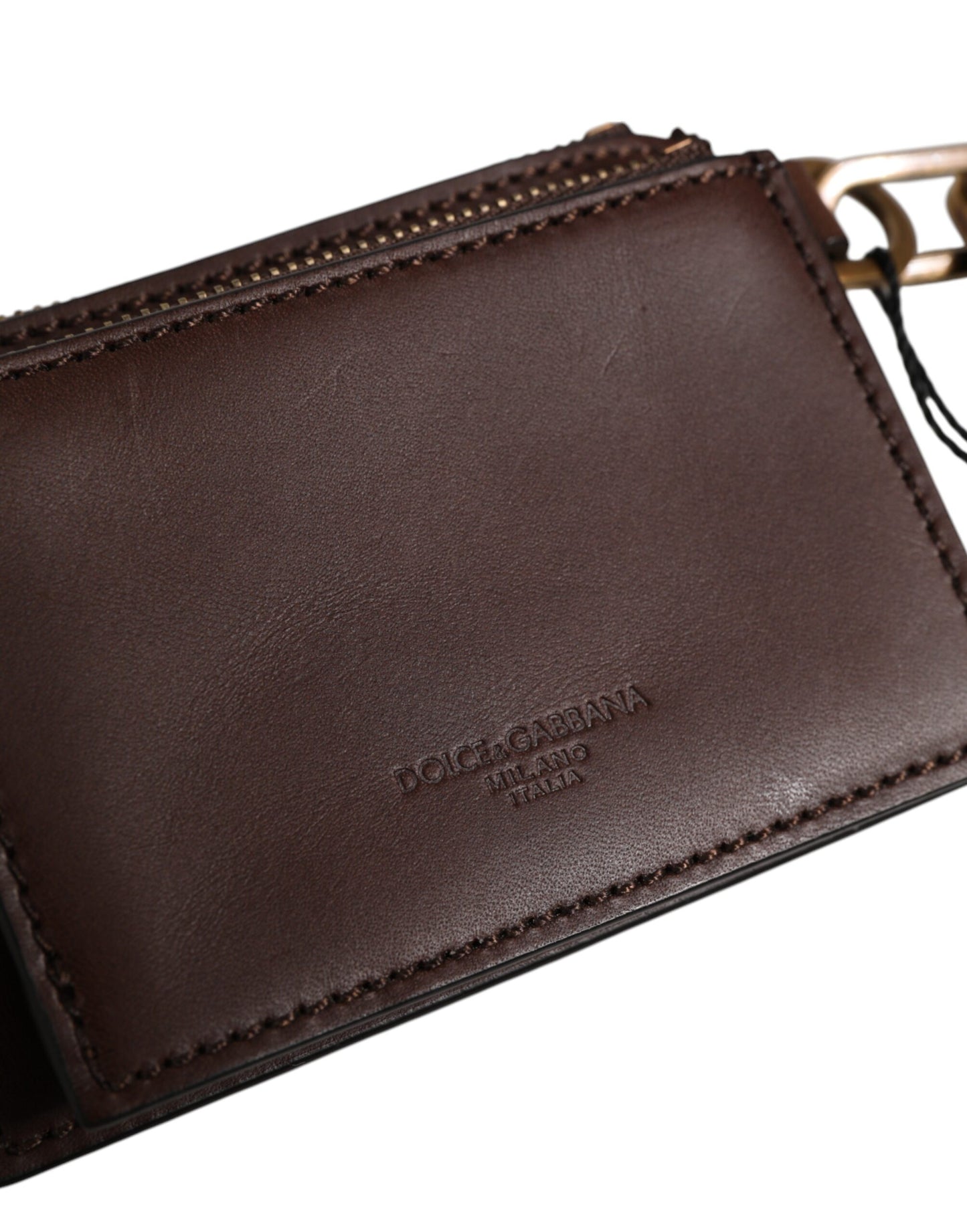 Dolce & Gabbana Brown Calf Leather Zip Logo Keyring Coin Purse Men Wallet Mens Wallet