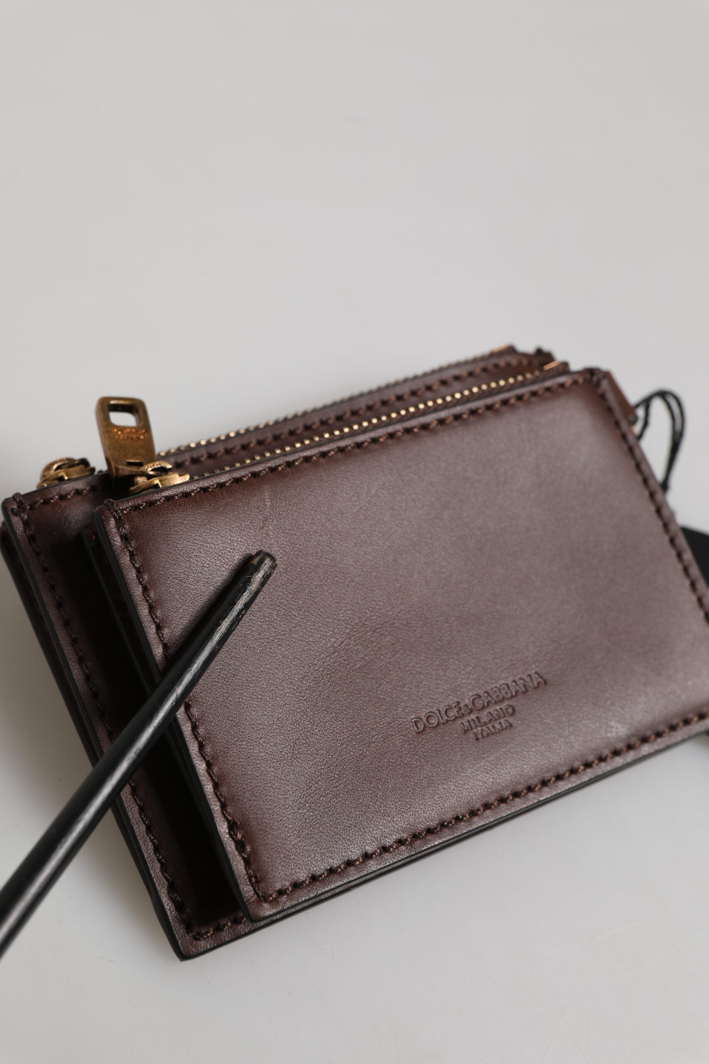 Dolce & Gabbana Brown Calf Leather Zip Logo Keyring Coin Purse Men Wallet Mens Wallet