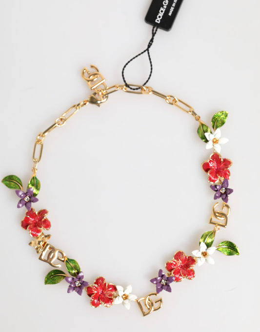 Dolce & Gabbana Gold Brass Logo Detail Floral Fashion Jewelry Necklace Womens Necklace