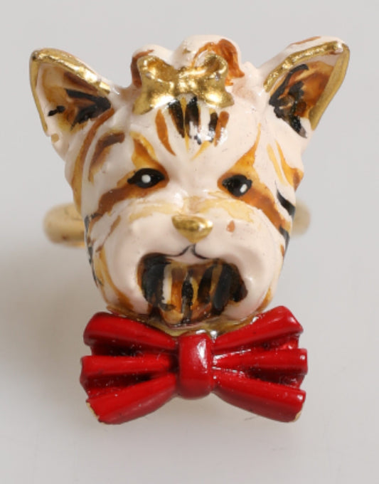 Dolce & Gabbana Gold Brass Resin Beige Dog Pet Accessory Ring Womens Ring