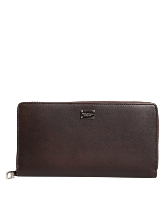 Dolce & Gabbana Brown Calfskin Leather Logo Zip Around Continental Wallet Mens Wallet
