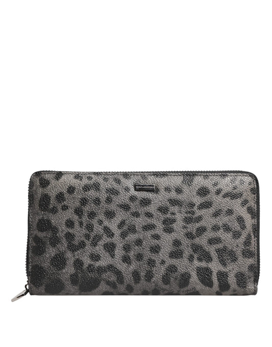 Dolce & Gabbana Black Gray Leopard Leather Zip Around Continental Wallet Mens Wallet