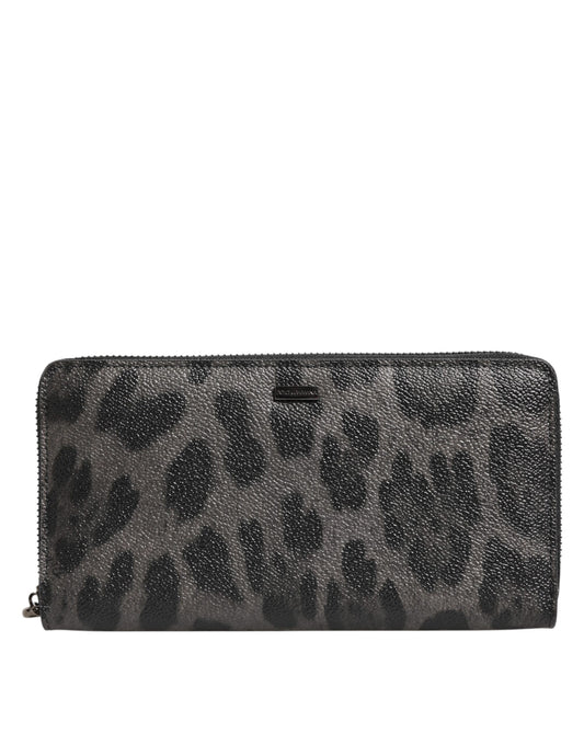 Dolce & Gabbana Black Gray Leopard Leather Zip Around Continental Wallet Mens Wallet