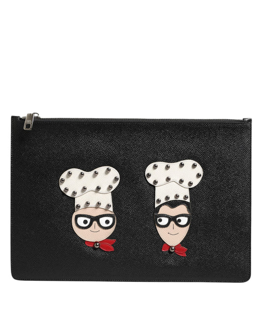 Dolce & Gabbana Black Leather #DGFAMILY Embellished Men Clutch Pouch Bag Mens Clutch Bag