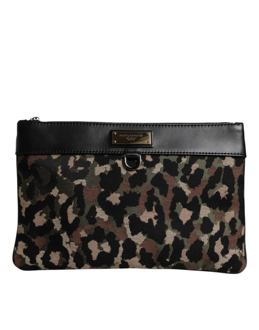 Dolce & Gabbana Multicolor Leopard Print Jacquard Logo Plaque Pouch Bag Mens Clutch Bag