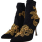 Dolce & Gabbana Black Gold Embroidery Crystal Boots Shoes