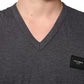 Dolce & Gabbana Grey Cotton V-Neck Logo Plaque Melange T-Shirt