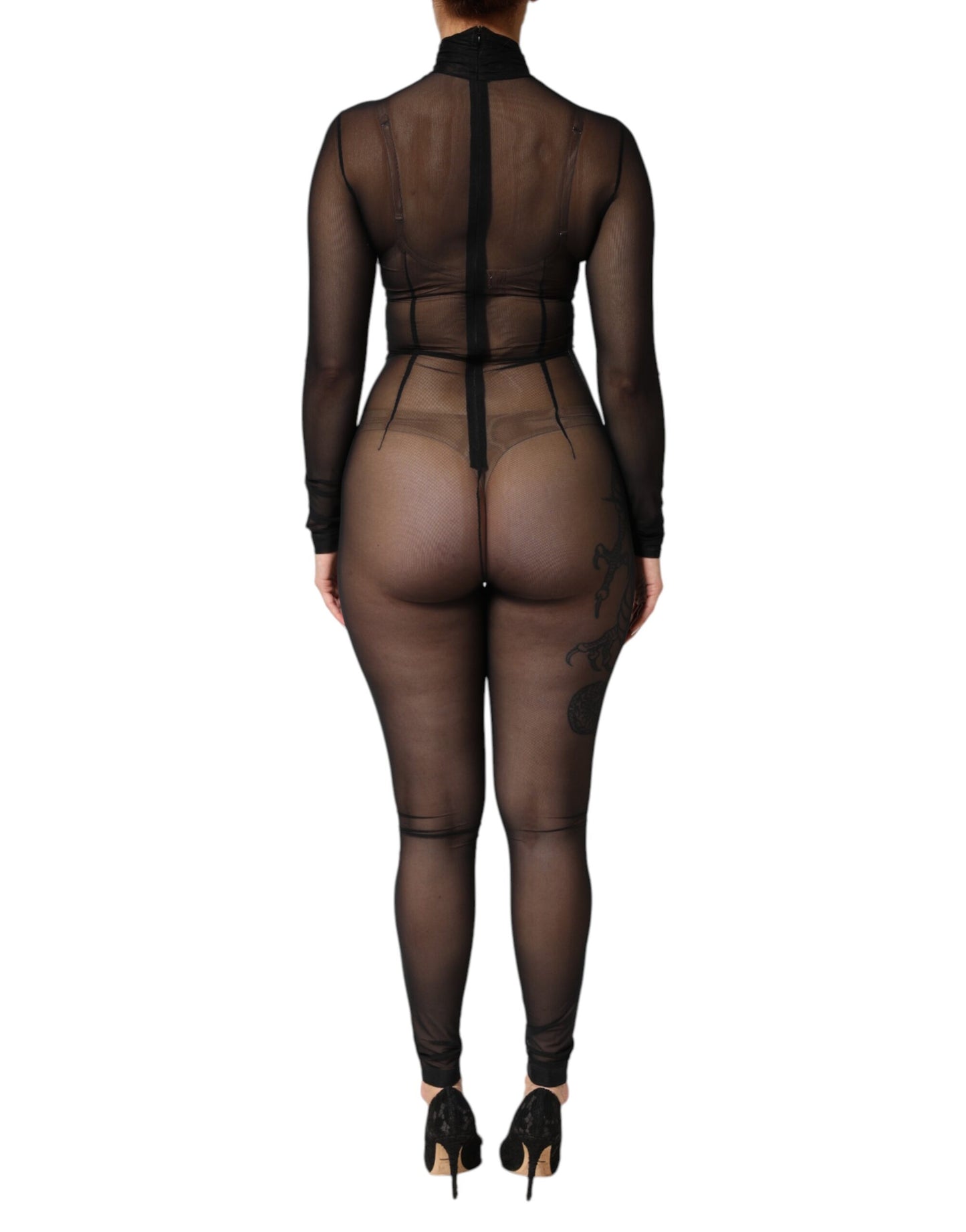 Dolce & Gabbana Black Sheer Mesh Long Sleeve Jumpsuit Bodysuit Dress