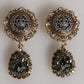 Dolce & Gabbana Gold Brass Crown Medallion Black Crystal Drop Clip On Earrings