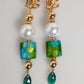 Dolce & Gabbana Gold Brass Multicolour Pearl Green Blue Drop Logo DG Earrings