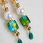 Dolce & Gabbana Gold Brass Multicolour Pearl Green Blue Drop Logo DG Earrings