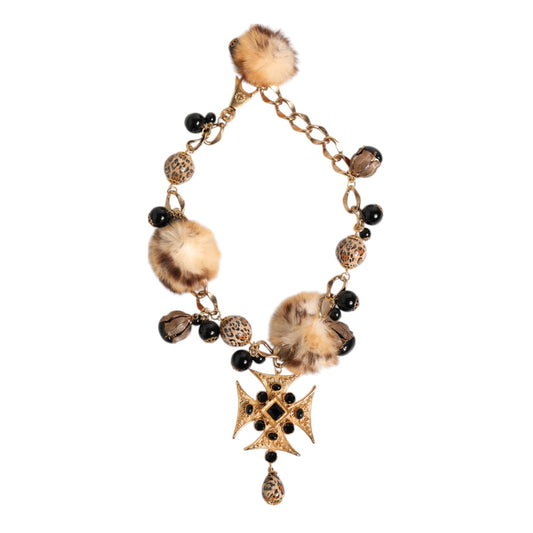 Dolce & Gabbana Gold Black Crystals Lapin Fur Filigree Choker Necklace Womens Necklace