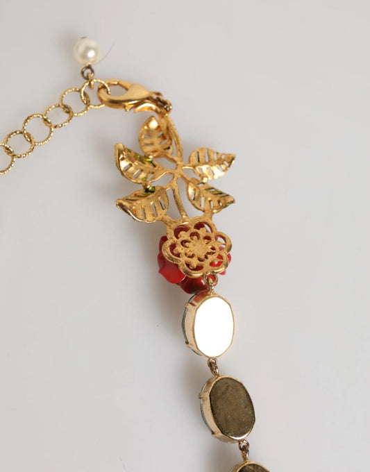 Dolce & Gabbana Red Rose Green Crystal Gold-Tone Chain Necklace Womens Necklace
