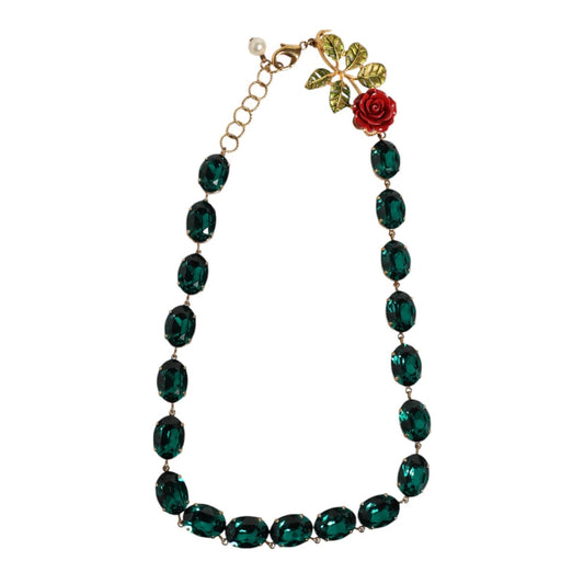 Dolce & Gabbana Red Rose Green Crystal Gold-Tone Chain Necklace Womens Necklace