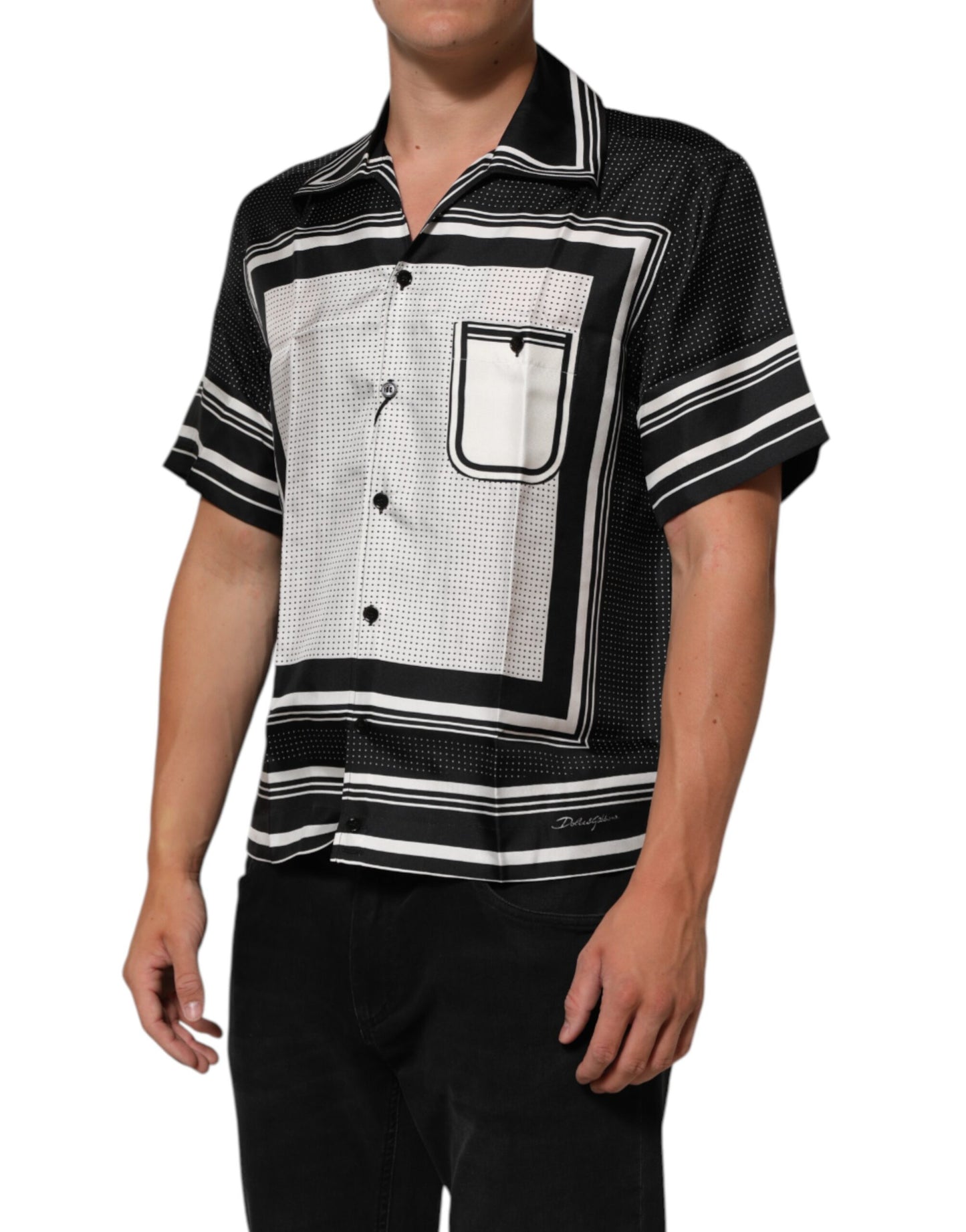Dolce & Gabbana Black White StripeDot Print Casual Polo Shirt Mens T-Shirt