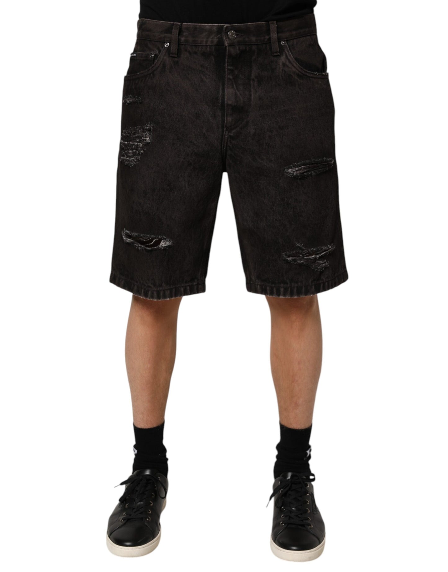 Dolce & Gabbana Black Cotton Tattered Denim Men Bermuda Short Mens Shorts