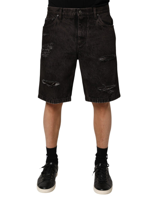 Dolce & Gabbana Black Cotton Tattered Denim Men Bermuda Short Mens Shorts