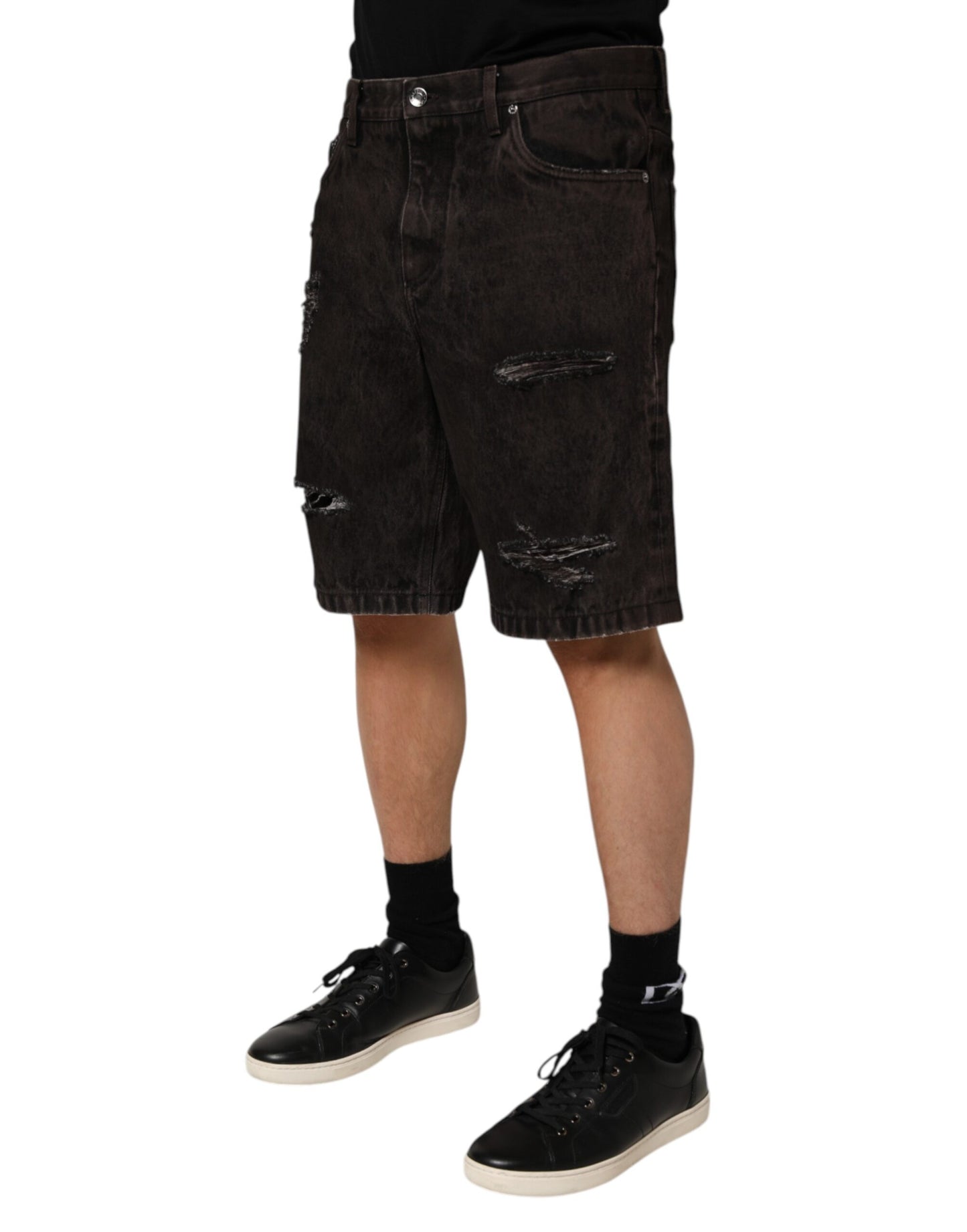 Dolce & Gabbana Black Cotton Tattered Denim Men Bermuda Short Mens Shorts