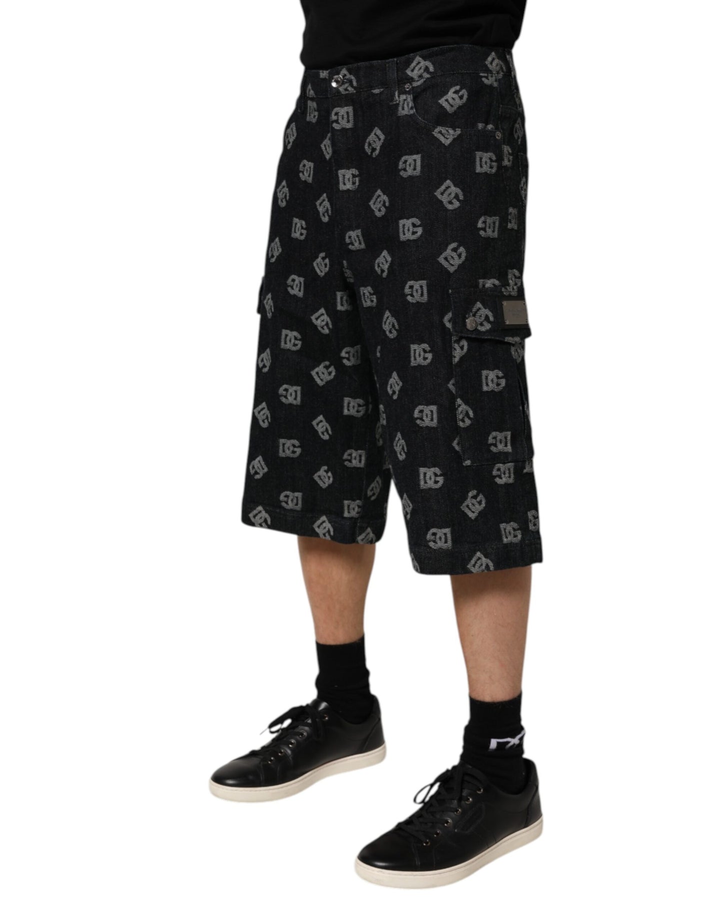 Dolce & Gabbana Black Monogram Denim Cargo Men Bermuda Short Mens Shorts