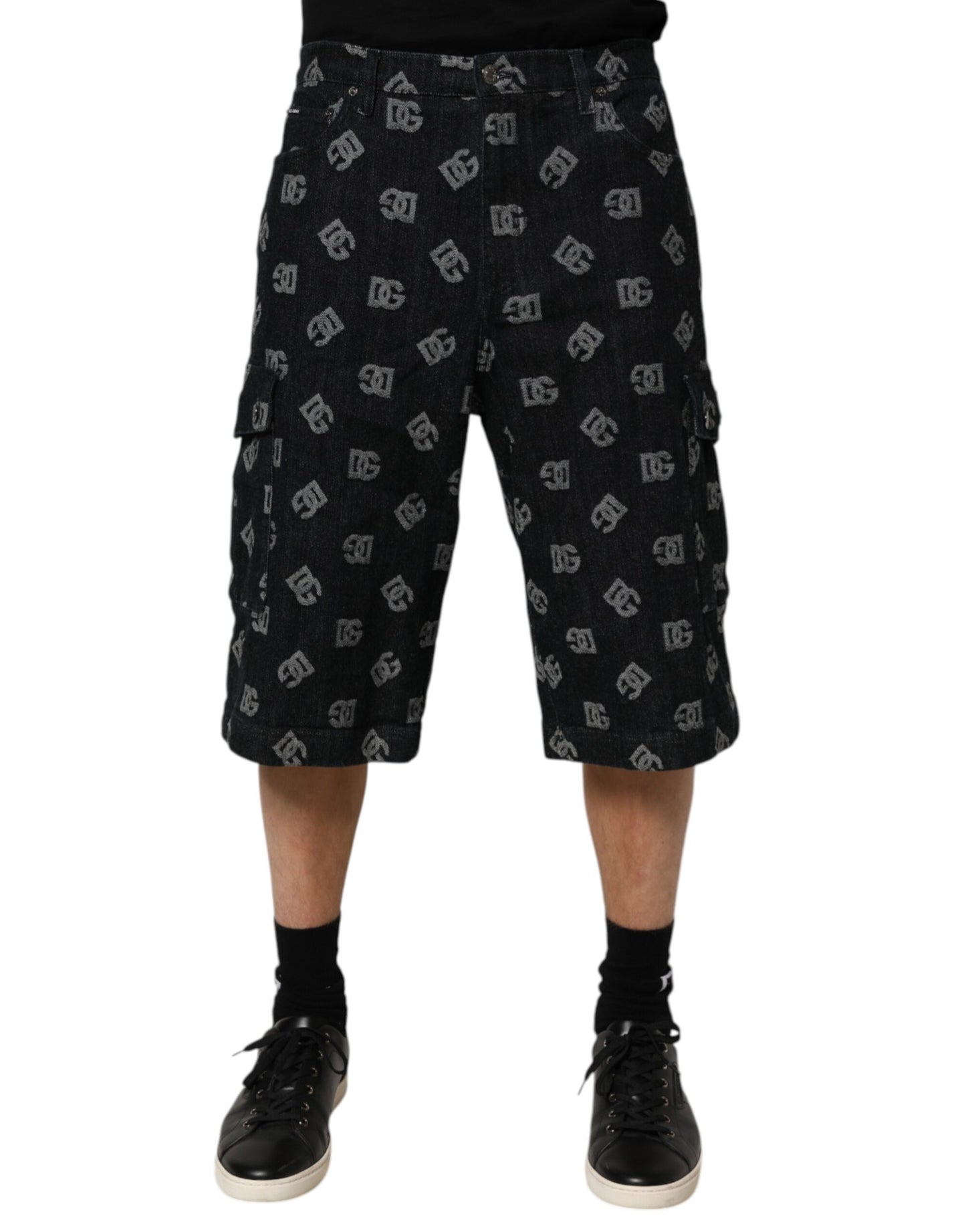 Dolce & Gabbana Black Monogram Denim Cargo Men Bermuda Short Mens Shorts