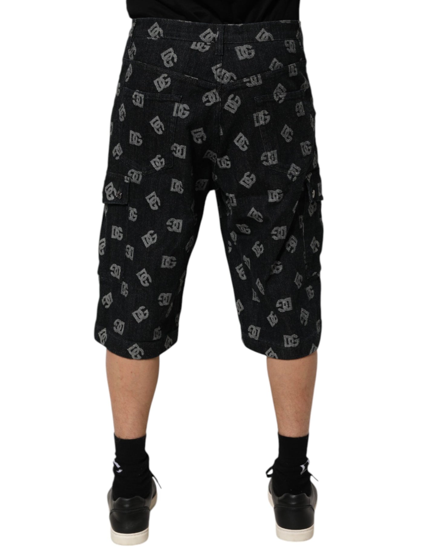 Dolce & Gabbana Black Monogram Denim Cargo Men Bermuda Short Mens Shorts
