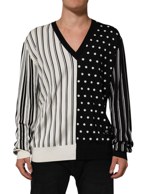 Dolce & Gabbana Black White Stripe Polka V-Neck Pullover Sweater Mens Sweater Mens T-Shirt