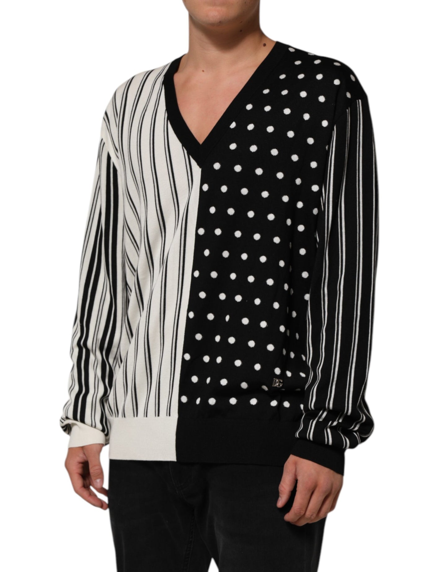 Dolce & Gabbana Black White Stripe Polka V-Neck Pullover Sweater Mens Sweater Mens T-Shirt